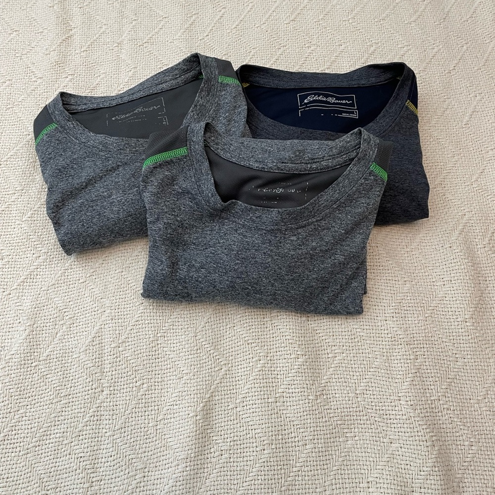 Eddie Bauer Men’s Large Active Performance Shirt Bundle x3 Gray Green Navy